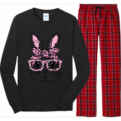 Funny Bunny Face Pink Leopard Glasses Happy Easter Day Great Gift Long Sleeve Pajama Set