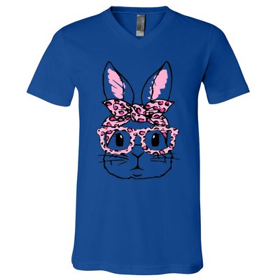 Funny Bunny Face Pink Leopard Glasses Happy Easter Day Great Gift V-Neck T-Shirt