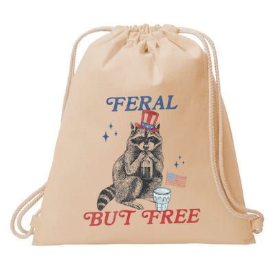 Feral But Free Funny Racoon 4th Of July Drawstring Bag