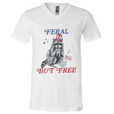 Feral But Free Funny Racoon 4th Of July V-Neck T-Shirt