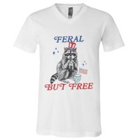 Feral But Free Funny Racoon 4th Of July V-Neck T-Shirt