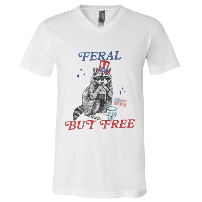 Feral But Free Funny Racoon 4th Of July V-Neck T-Shirt