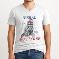 Feral But Free Funny Racoon 4th Of July V-Neck T-Shirt