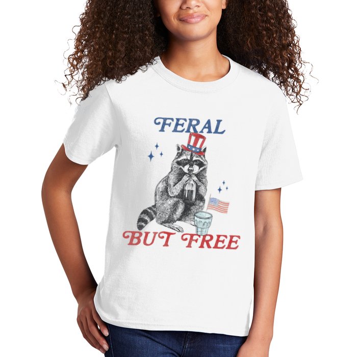 Feral But Free Funny Racoon 4th Of July Kids T-Shirt