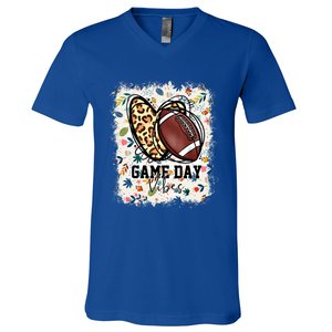 Floral Bleached Football Game Day Vibes Football Mom Gift V-Neck T-Shirt