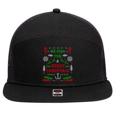 Funny Bass Fishing Ugly Christmas Sweater Party Funny Gift 7 Panel Mesh Trucker Snapback Hat