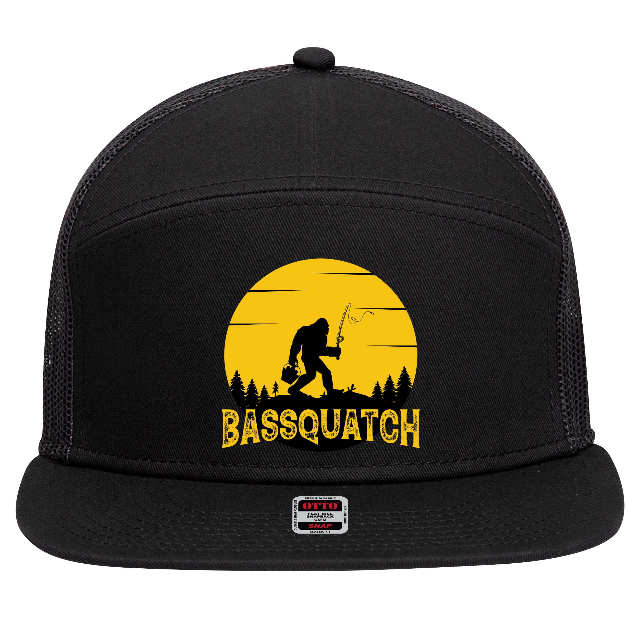 Funny Bassquatch Fishing 7 Panel Mesh Trucker Snapback Hat