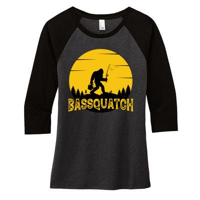 Funny Bassquatch Fishing Women's Tri-Blend 3/4-Sleeve Raglan Shirt