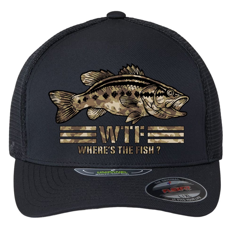 Funny Bass Fishing Camo Wtf Wheres The Fish Cool Gift Flexfit Unipanel Trucker Cap