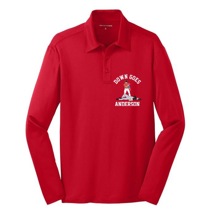 Funny Baseball Fight Down Goes Anderson Silk Touch Performance Long Sleeve Polo