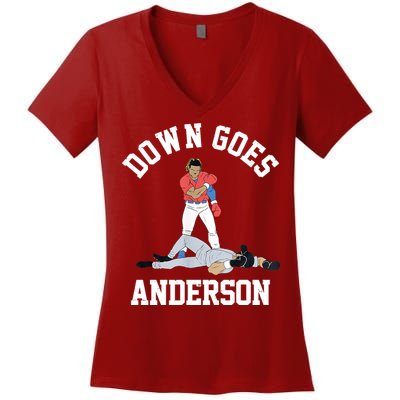 Funny Baseball Fight Down Goes Anderson Women's V-Neck T-Shirt