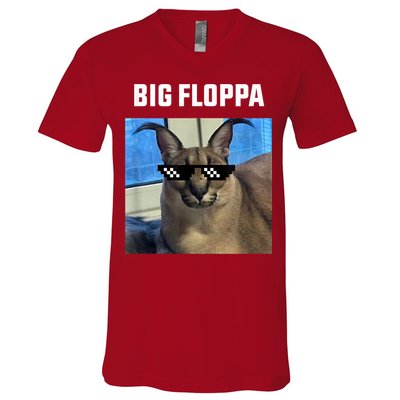 Funny Big Floppa Wearing Meme Sunglasses V-Neck T-Shirt