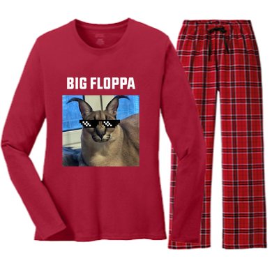 Funny Big Floppa Wearing Meme Sunglasses Women's Long Sleeve Flannel Pajama Set 