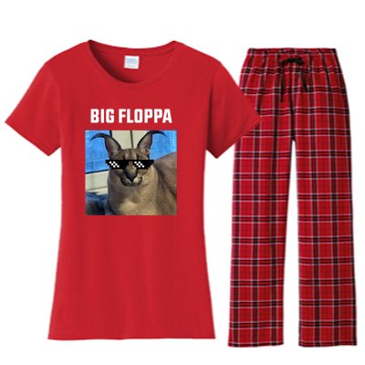 Funny Big Floppa Wearing Meme Sunglasses Women's Flannel Pajama Set