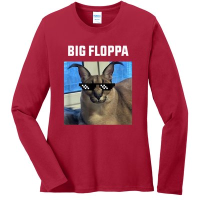 Funny Big Floppa Wearing Meme Sunglasses Ladies Long Sleeve Shirt