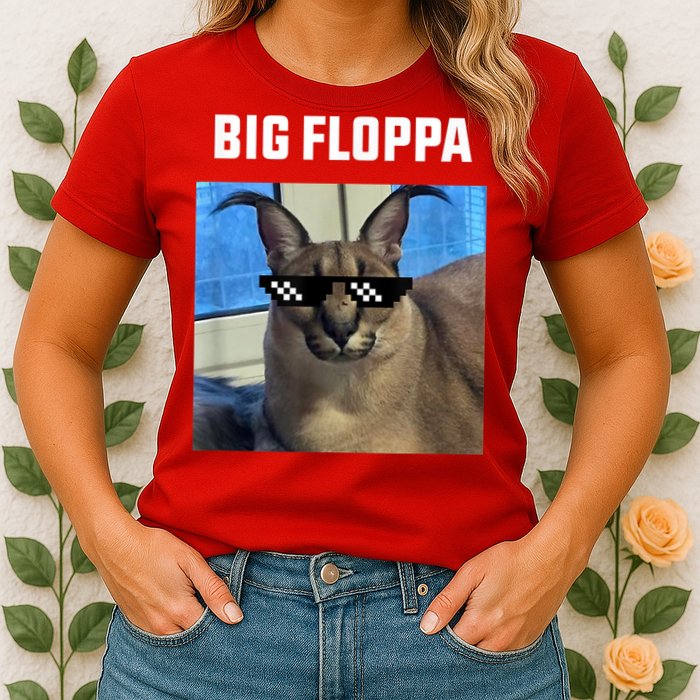 Funny Big Floppa Wearing Meme Sunglasses Womens T-Shirt