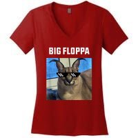 Funny Big Floppa Wearing Meme Sunglasses Women's V-Neck T-Shirt