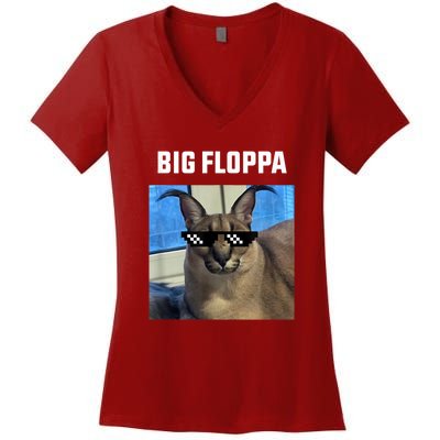 Funny Big Floppa Wearing Meme Sunglasses Women's V-Neck T-Shirt