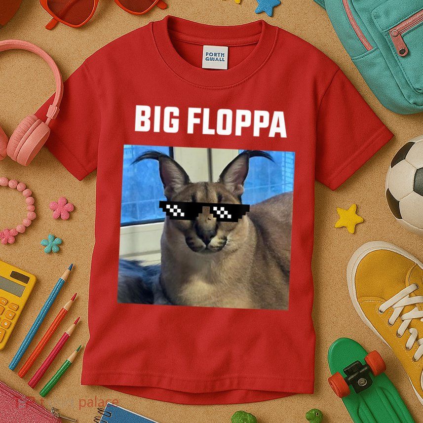 Funny Big Floppa Wearing Meme Sunglasses Kids T-Shirt