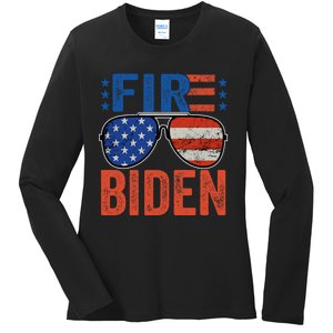 Funny Biden Fire Sunglasses American Flag 2024 Ladies Long Sleeve Shirt