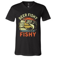 funny Bass Fishing Beer Fishy Reel Cool Dad V-Neck T-Shirt