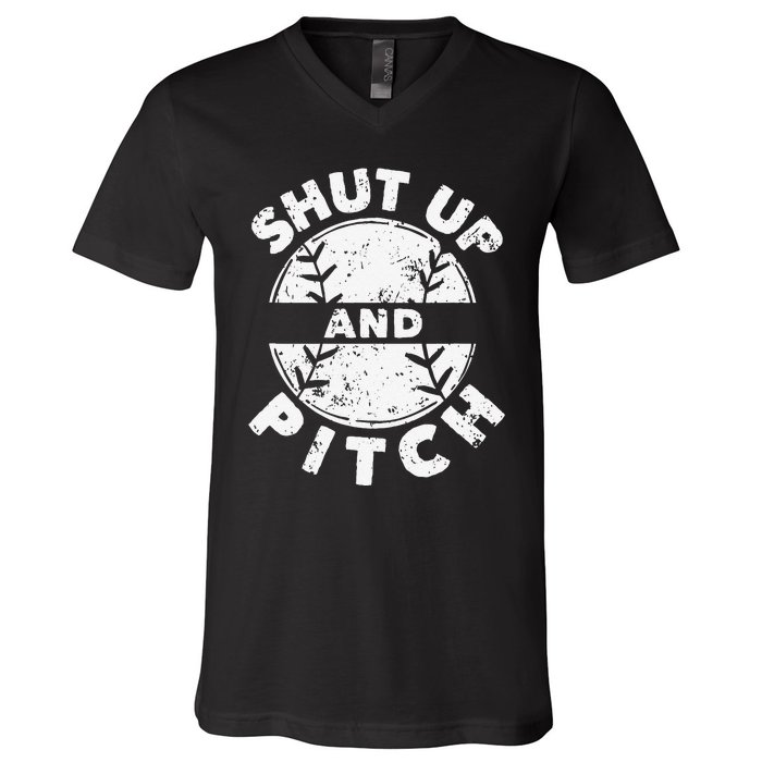 Funny Baseball Fan Love Shut Up And Pitch V-Neck T-Shirt