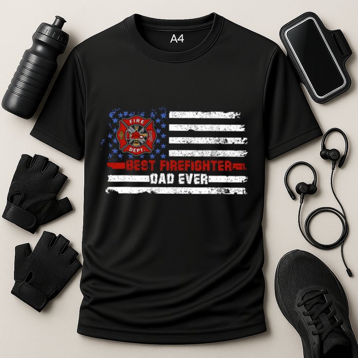 Fireman Best Firefighter Dad Ever American Flag Cooling Performance Crew T-Shirt