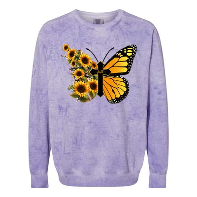 Floral Butterfly Faith Cross Colorblast Crewneck Sweatshirt