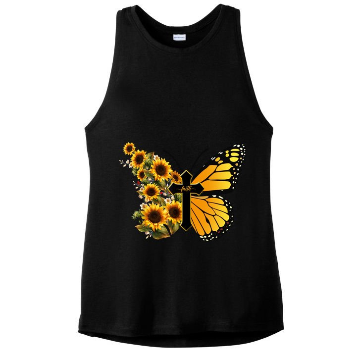 Floral Butterfly Faith Cross Ladies PosiCharge Tri-Blend Wicking Tank