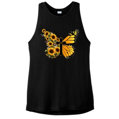 Floral Butterfly Faith Cross Ladies PosiCharge Tri-Blend Wicking Tank