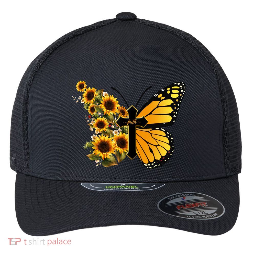 Floral Butterfly Faith Cross Flexfit Unipanel Trucker Cap