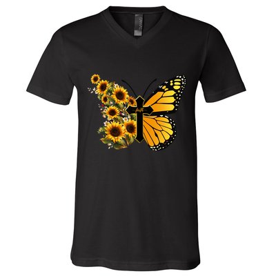 Floral Butterfly Faith Cross V-Neck T-Shirt