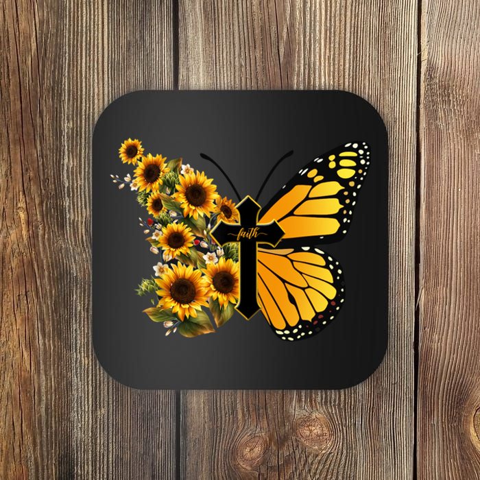 Floral Butterfly Faith Cross Coaster