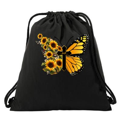 Floral Butterfly Faith Cross Drawstring Bag