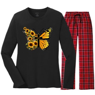 Floral Butterfly Faith Cross Women's Long Sleeve Flannel Pajama Set 