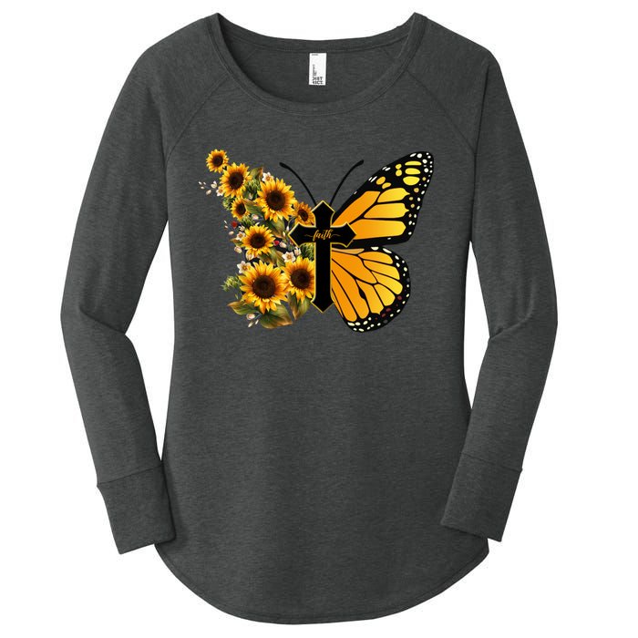 Floral Butterfly Faith Cross Women's Perfect Tri Tunic Long Sleeve Shirt