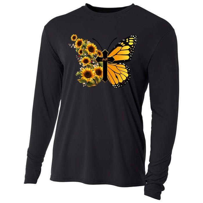 Floral Butterfly Faith Cross Cooling Performance Long Sleeve Crew