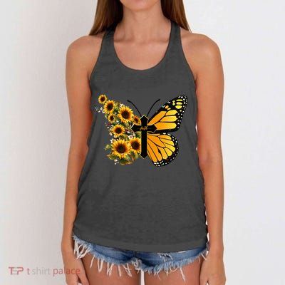 Floral Butterfly Faith Cross Women's Knotted Racerback Tank