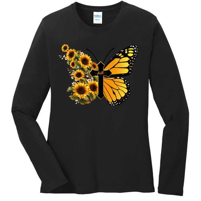 Floral Butterfly Faith Cross Ladies Long Sleeve Shirt