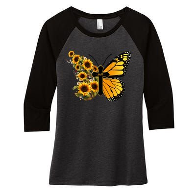 Floral Butterfly Faith Cross Women's Tri-Blend 3/4-Sleeve Raglan Shirt