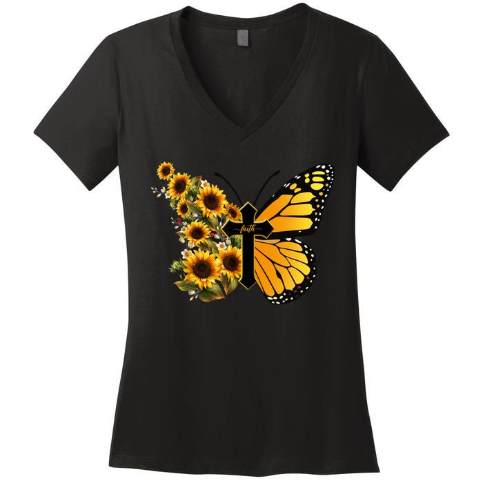 Floral Butterfly Faith Cross Women's V-Neck T-Shirt