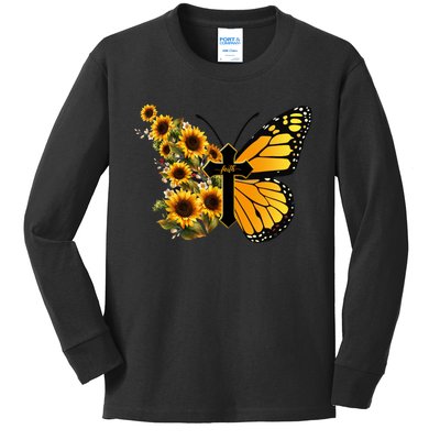 Floral Butterfly Faith Cross Kids Long Sleeve Shirt