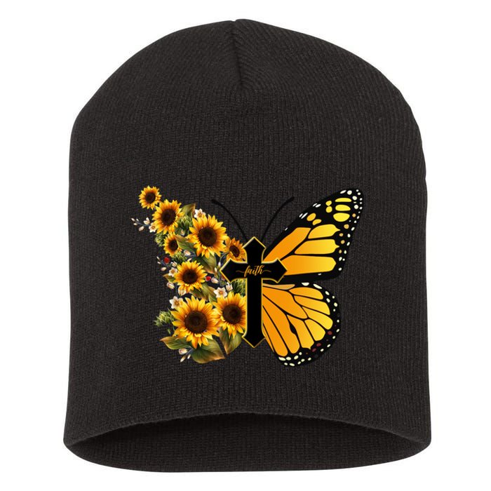 Floral Butterfly Faith Cross Short Acrylic Beanie