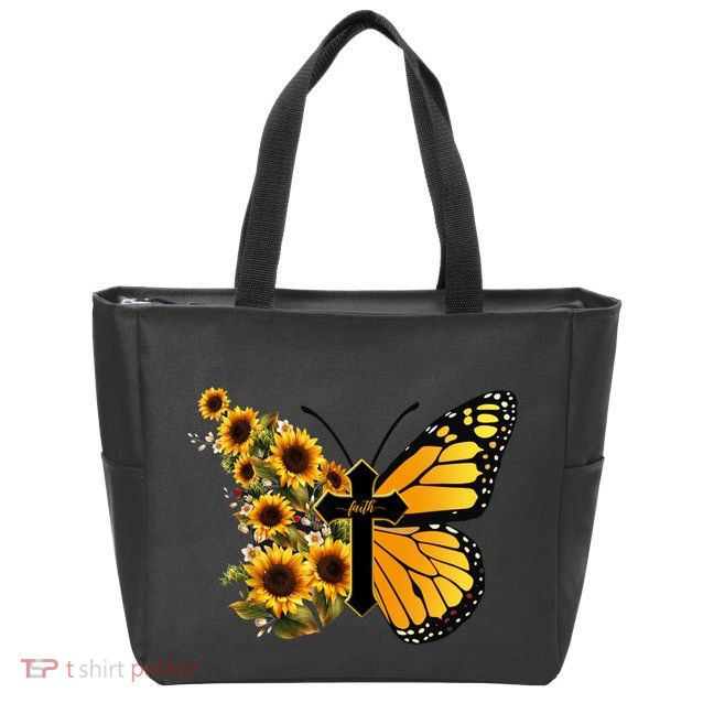 Floral Butterfly Faith Cross Zip Tote Bag