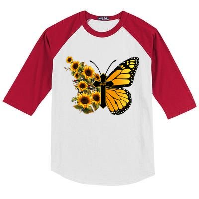 Floral Butterfly Faith Cross Kids Colorblock Raglan Jersey