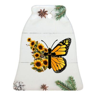 Floral Butterfly Faith Cross Ceramic Bell Ornament