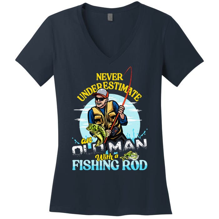 Funny Bass Fishing Birthday Tee Father's Day Old Man Women's V-Neck T-Shirt