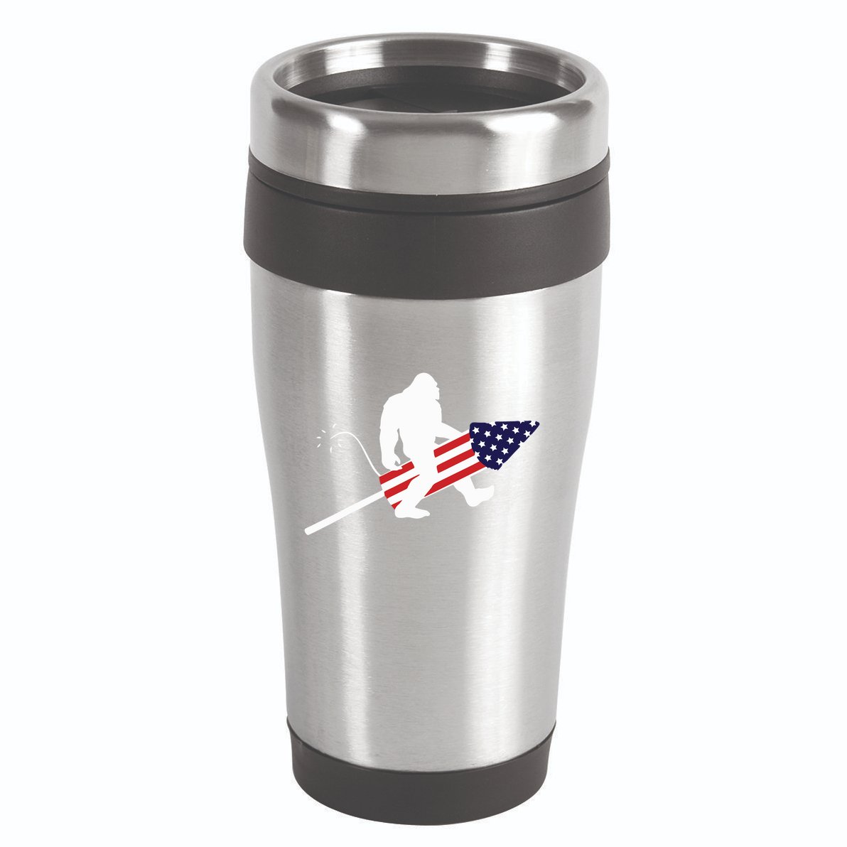 Men  Bigfoot Fireworks 4th of July American Flag US 16oz Travel Tumbler