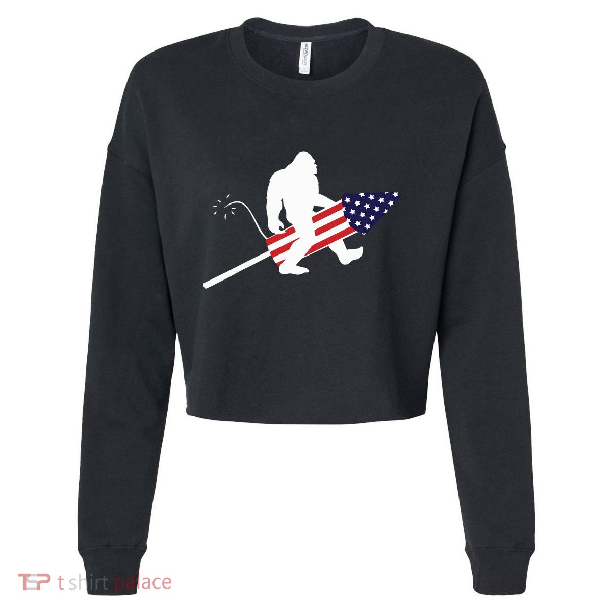 Men  Bigfoot Fireworks 4th of July American Flag US Cropped Pullover Crew