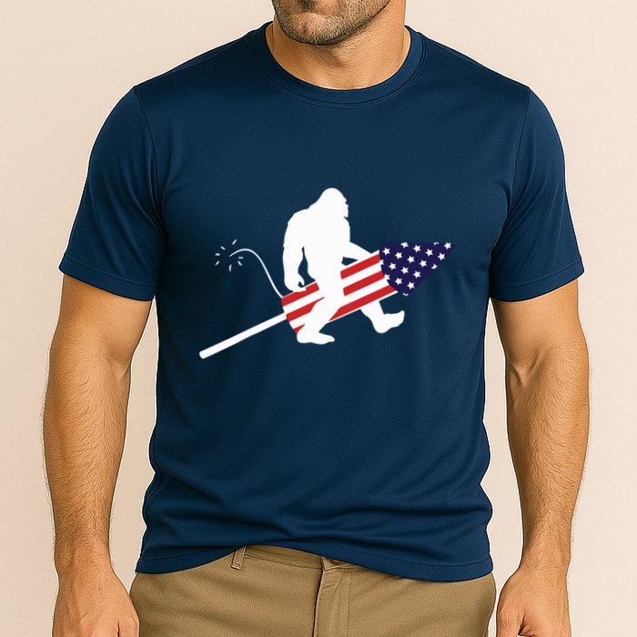 Men  Bigfoot Fireworks 4th of July American Flag US Cooling Performance Crew T-Shirt